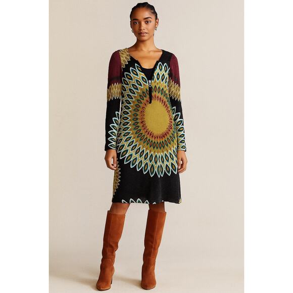 Anthropologie Aryeh Mandalas Geometric Print Long Sleeve Zip Up Dress sz Large - Picture 1 of 5